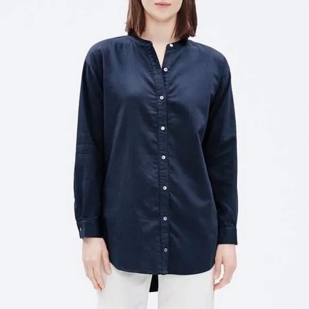 Eileen Fisher • Mandarin Collar Shirt tunic Indigo organic twill button down